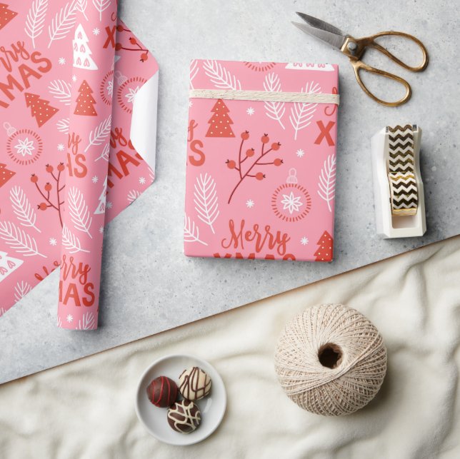 Papier Cadeau Joyeux Noël Botanique Rose-Rétro (Artisanat)