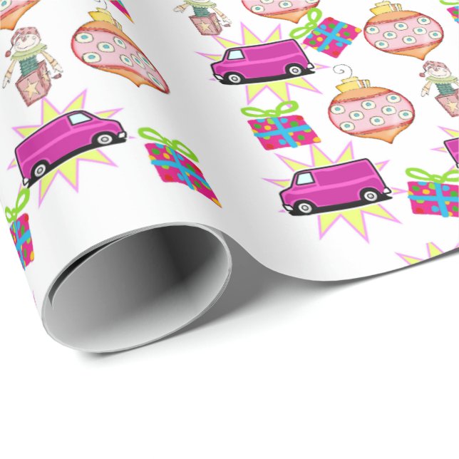 Papier Cadeau Joyeux Noël Boules rose Voiture papier enveloppant (Coin rond)