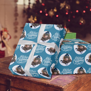 Papier Cadeau Joyeux Noël Calligraphie ronde Bleu