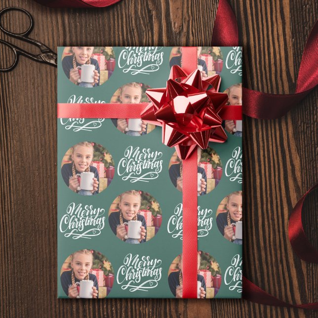Papier Cadeau Joyeux Noël Calligraphie ronde photo verte (Créateur téléchargé)