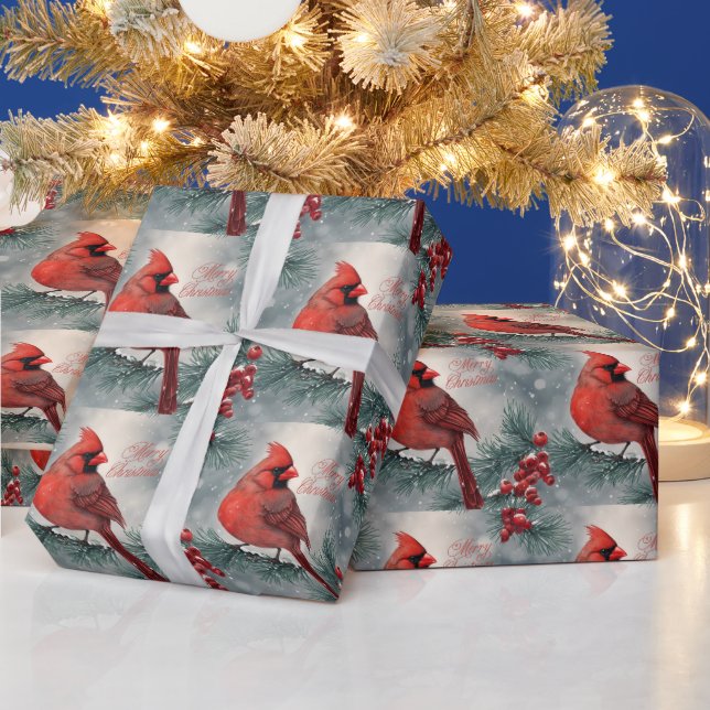 Papier Cadeau Joyeux Noël Cardinal Rouge et Berries (Vacances)
