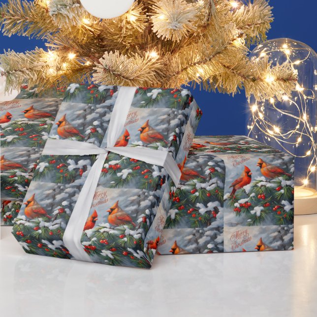 Papier Cadeau Joyeux Noël cardinaux rouges avec baies sauvages (Vacances)