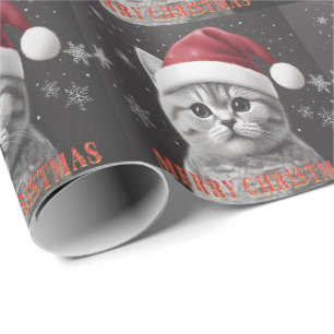 Papier Cadeau Joyeux Noël Chat à air court britannique, Père Noë