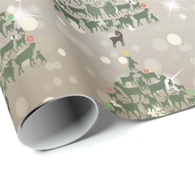Papier Cadeau Joyeux Noël Chèvre verte Arbres de Noël (Coin rond)