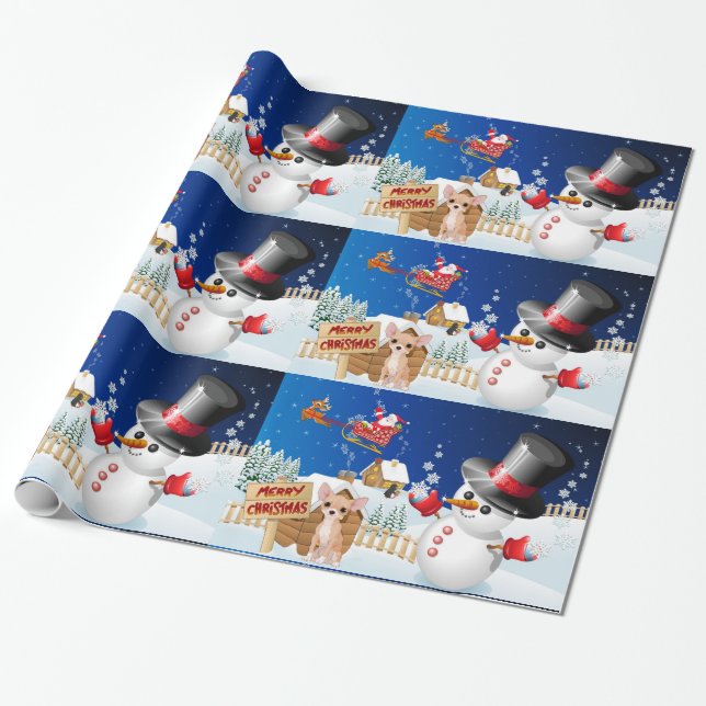 Papier Cadeau Joyeux Noël Chihuahua avec Frosty (Déroulé)