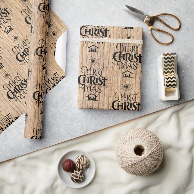 Papier Cadeau Joyeux Noël Christian Calligraphie Bois rustique (Artisanat)