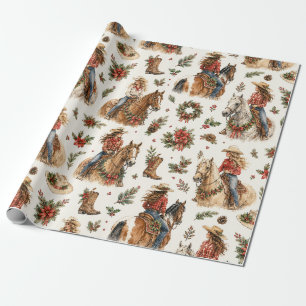 Papier Cadeau Joyeux Noël Cowgirl occidentale à cheval