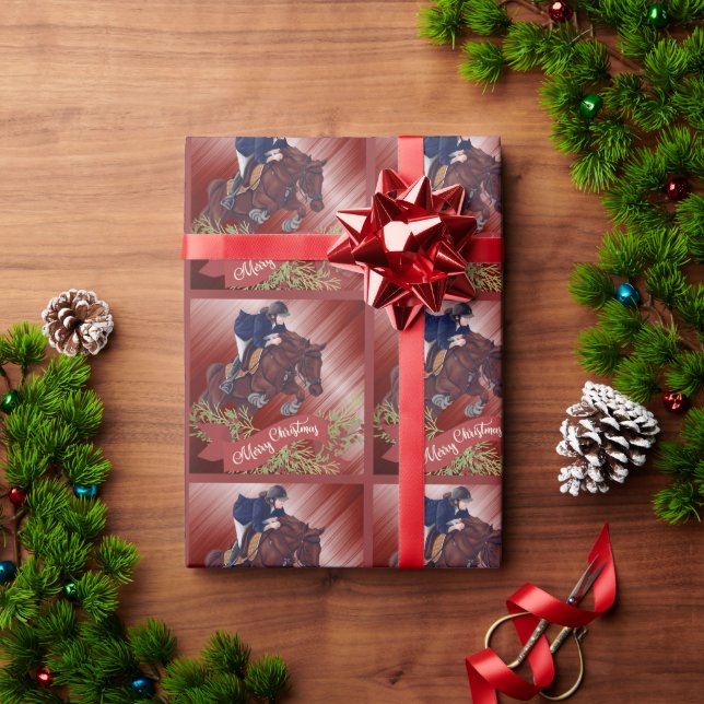 Papier Cadeau Joyeux Noël de Fille et Cheval en rouge (Cadeau de vacances)