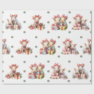 Papier Cadeau Joyeux Noël de Noël de cochons en blanc