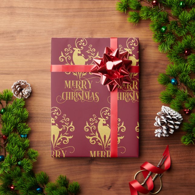 Papier Cadeau Joyeux Noël Deer Gold Red Modern (Cadeau de vacances)