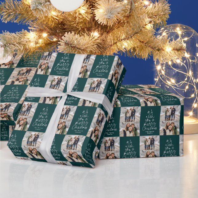 Papier Cadeau Joyeux Noël deux photo personnalisée vert foncé (Vacances)