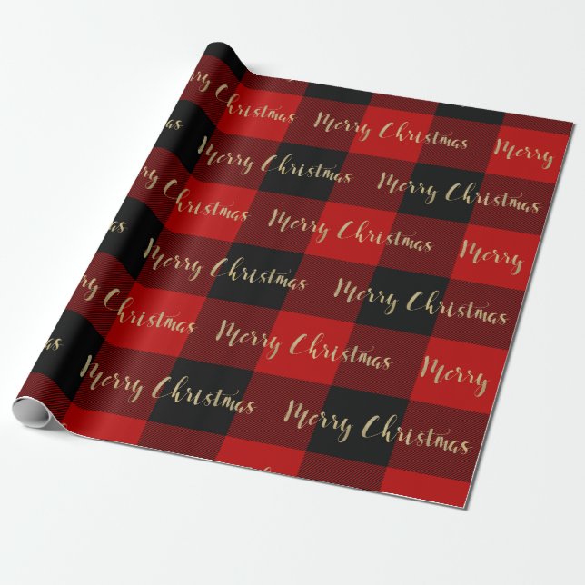 Papier Cadeau Joyeux Noël Écriture Dorée Plaid Rouge de Bison (Déroulé)