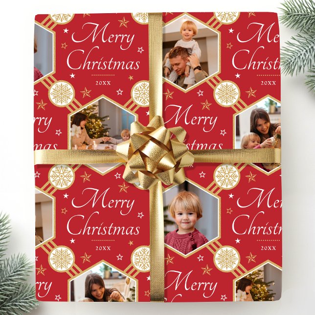Papier Cadeau Joyeux Noël Élégant Flocon de neige Photo Rouge Or (Créateur téléchargé)