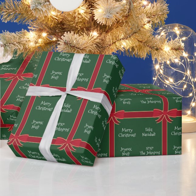 Papier Cadeau Joyeux Noël en plusieurs langues rouge et vert (Vacances)