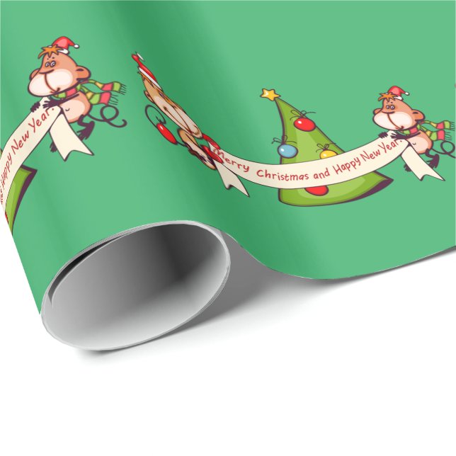 Papier Cadeau Joyeux Noël Et Joyeux Singes Du Nouvel An (Coin rond)