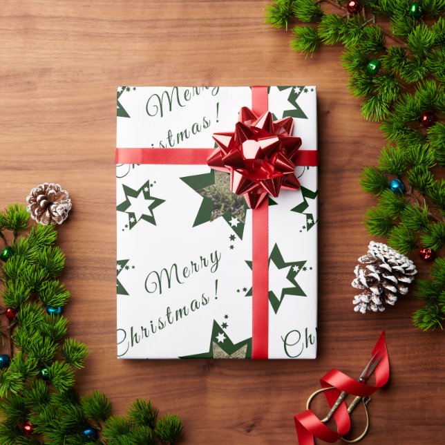 Papier Cadeau Joyeux Noël étoiles vertes blanches de photo perso (Cadeau de vacances)