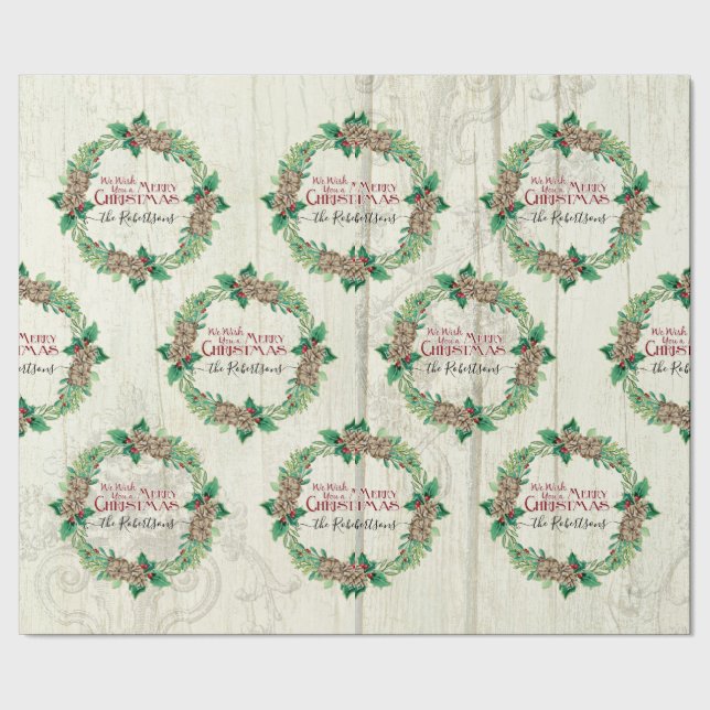 Papier Cadeau Joyeux Noël Famille Wreath Pine Cone Ferme (Couture)