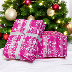 Papier Cadeau Joyeux Noël flocon de neige mistletoe rose plaid