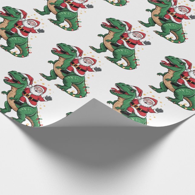Papier Cadeau Joyeux Noël Funny Père Noël chevauchant un dinosau (Coin)