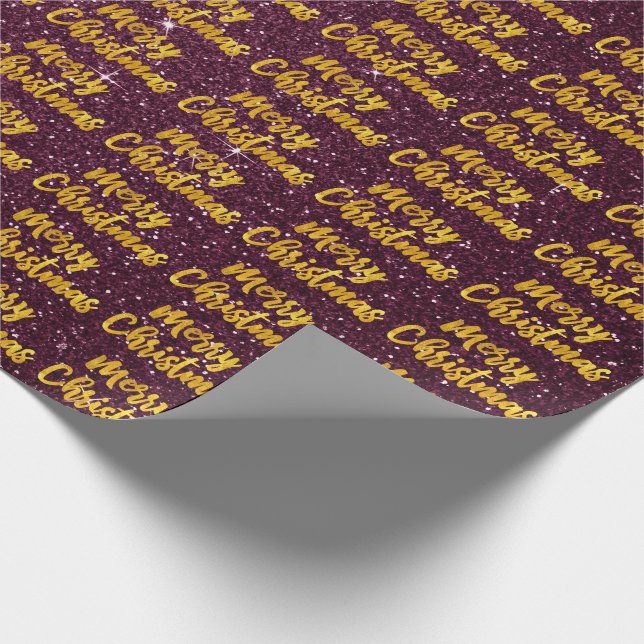 Papier Cadeau Joyeux Noël Gold Script Bourgogne Maroon Glitte (Coin)