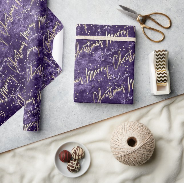 Papier Cadeau Joyeux Noël Golden Script du nom pourpre (Artisanat)