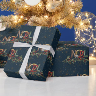 Papier Cadeau Joyeux Noël Holly Berries Noel Gold Red Blue
