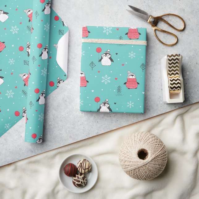 Papier Cadeau Joyeux Noël mignonne Happy Penguin en bleu Casquet (Artisanat)