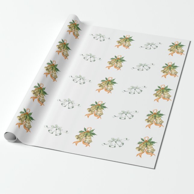 Papier Cadeau Joyeux Noël Mignonne Vert Jaune Orange Cloches (Déroulé)