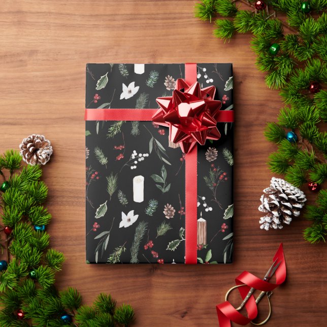 Papier Cadeau Joyeux Noël Noir Rouge Berry Botanique (Cadeau de vacances)