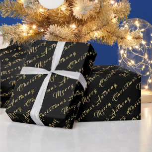 Papier Cadeau Joyeux Noël Nom Black Gold Simple Modern