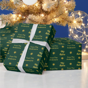 Papier Cadeau Joyeux Noël & Nom Dark Green Gold Snowflakes