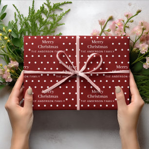 Papier Cadeau Joyeux Noël Nom de Famille Personnalisé Points Rou