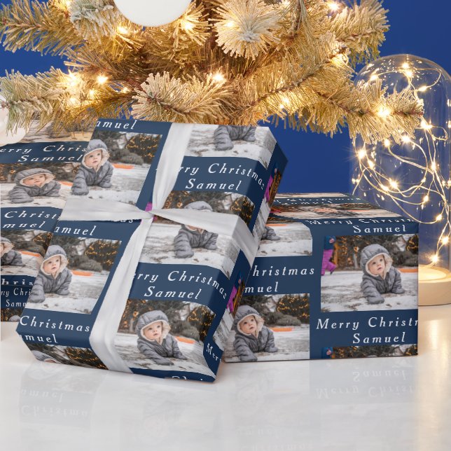 Papier Cadeau Joyeux Noël Nom Marine Photo blanche Collage (Vacances)