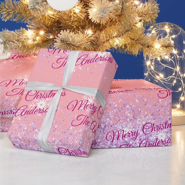 Papier Cadeau Joyeux Noël, Noms, Script Fuchsia, Parties scintil (Vacances)