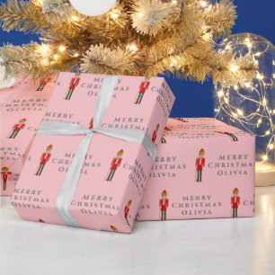 Papier Cadeau Joyeux Noël Nutcracker Nom rose gris moderne