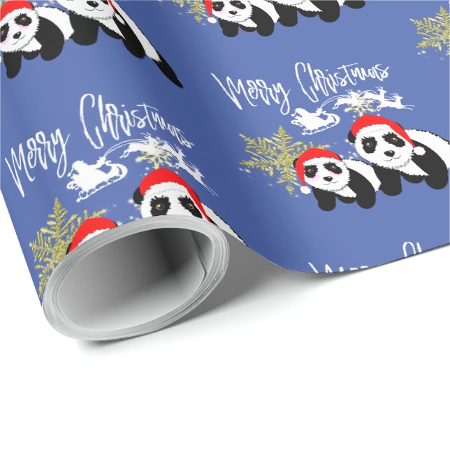 Papier Cadeau Joyeux Noël Panda Bears Snowflake mignonne Motif (Coin rond)