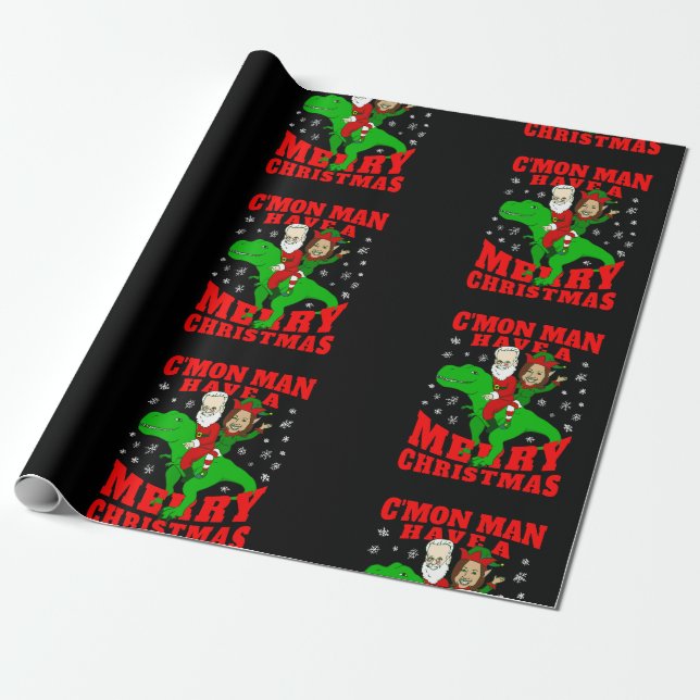 Papier Cadeau joyeux noël père Noël biden kamala harris dinosaur (Déroulé)