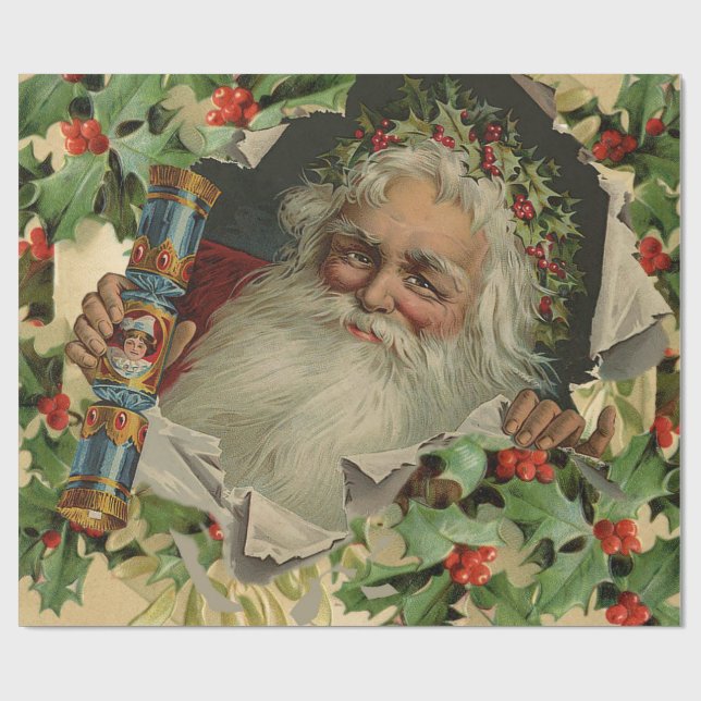 Papier Cadeau Joyeux Noël Père Noël classique antique (Plat)