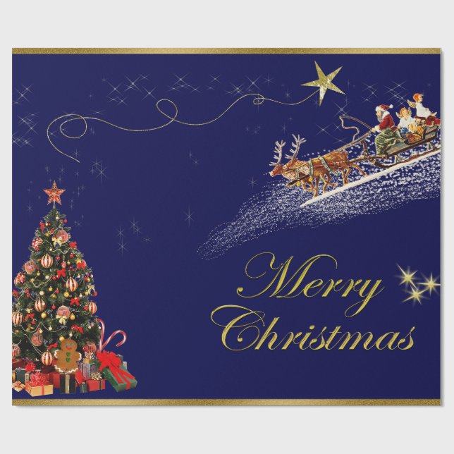 Papier Cadeau Joyeux Noël Père Noël équitation Sleigh sapin de N (Plat)