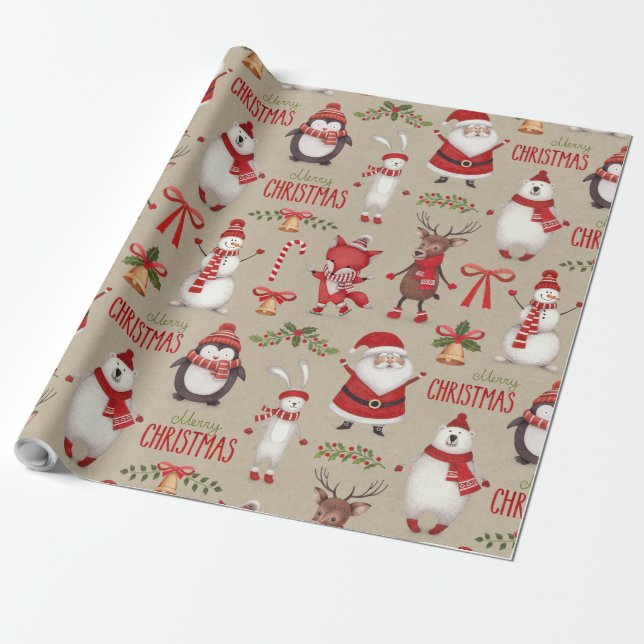 Papier Cadeau Joyeux Noël Père Noël Et Amis (Déroulé)