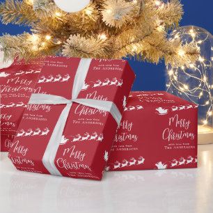 Papier Cadeau Joyeux Noël Père Noël Sleigh Reindeer Rouge