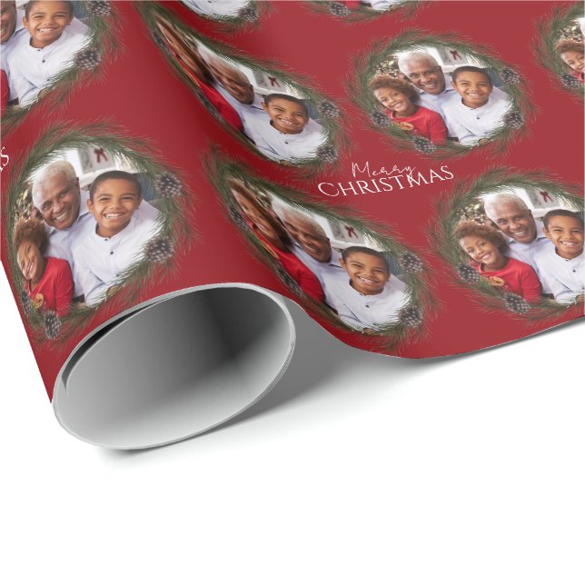 Papier Cadeau Joyeux Noël Photo Wreath Red Christmas (Coin rond)