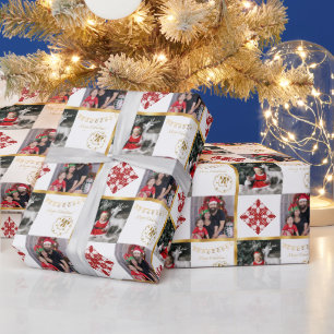 Papier Cadeau Joyeux Noël - photos ornements or et rouge