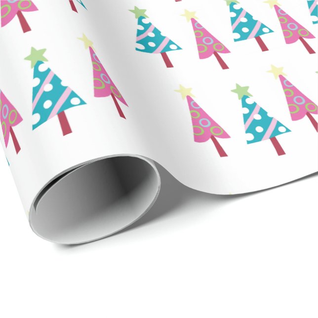 Papier Cadeau Joyeux Noël Pink Bleu Arbres Enveloppement Papier (Coin rond)