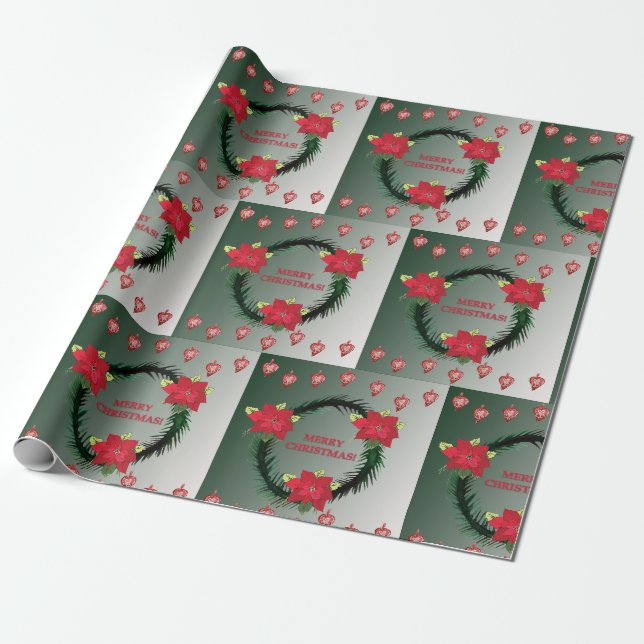 Papier Cadeau Joyeux Noël Poinsettia Wreath (Déroulé)