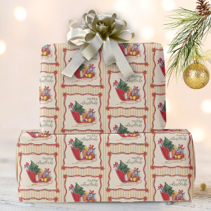 Papier Cadeau Joyeux Noël Promenade en Traîneau Rayures