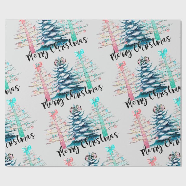 Papier Cadeau Joyeux Noël rose et arbres Turquoises (Plat)