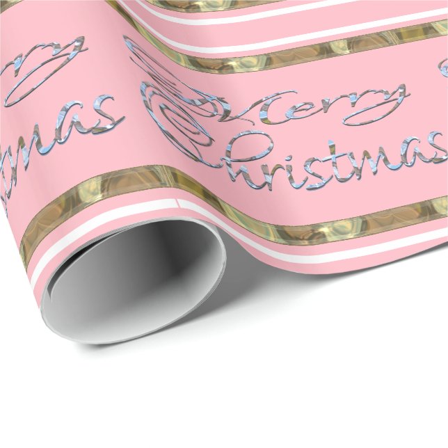 Papier Cadeau Joyeux Noël rose rayé Élégant Vacances (Coin rond)