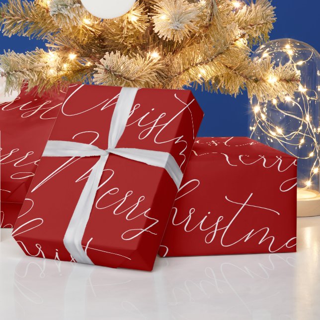Papier Cadeau Joyeux Noël rouge blanc calligraphie manuscrite (Vacances)