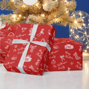 Papier Cadeau Joyeux Noël rouge dessin à la main avec nom person